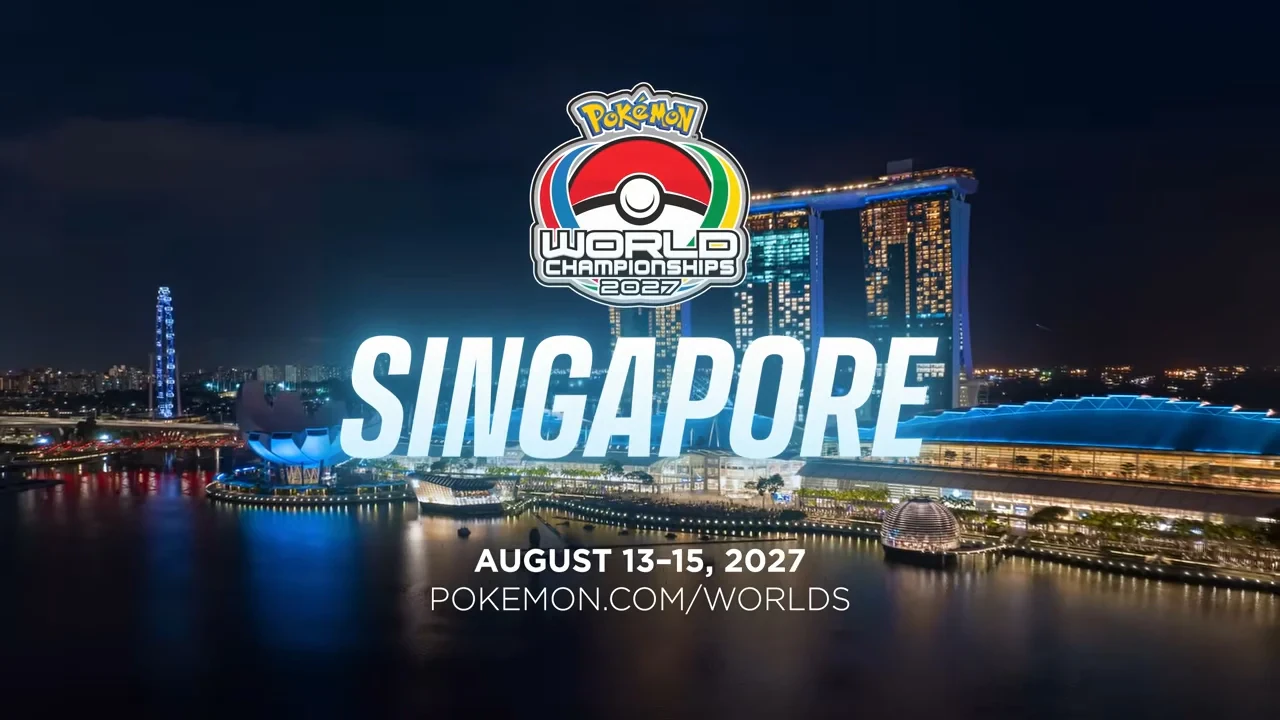 Arte do anúncio do Pokémon World Championships 2027 em Singapura, de 13 a 15 de agosto de 2027, sobre a orla de Marina Bay